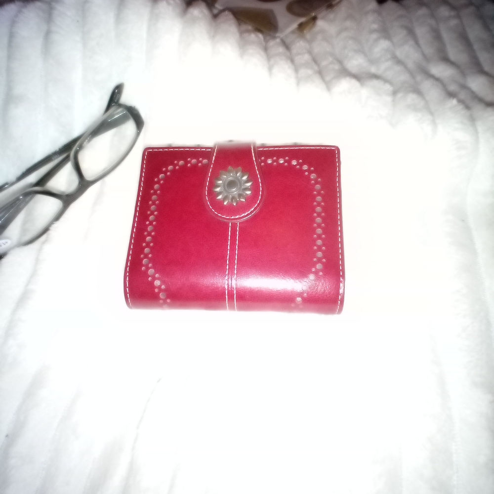 Lavemi Red Leather Compact Wallet with Decorative Stud Accent